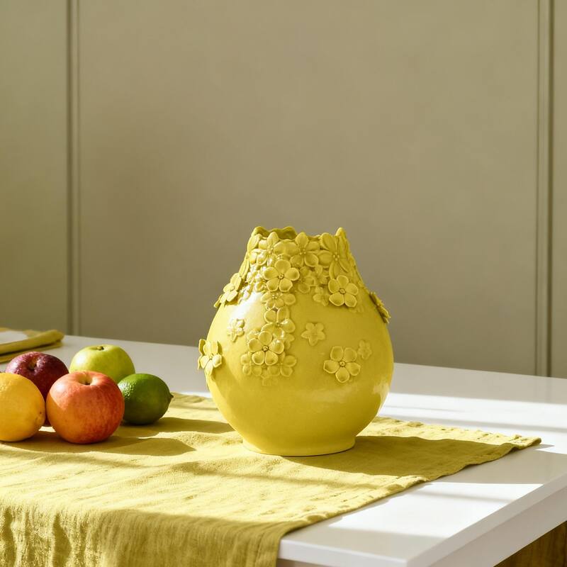 Rossetta Graceful Ceramic Free-Flow Neck Design Decorative Vase with Delicate Small Floral Motifs, 11 Inch