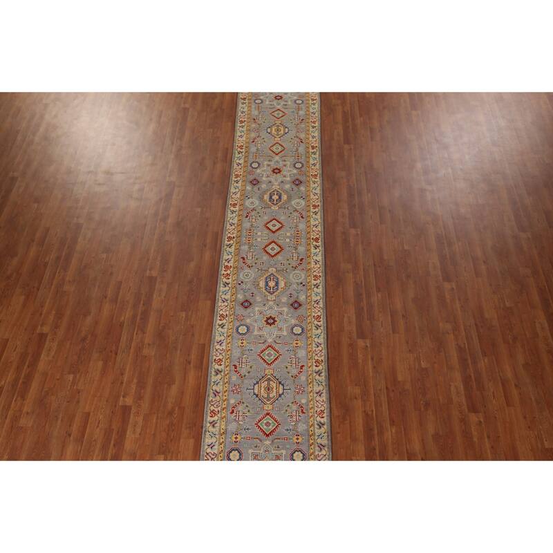 Geometric Kazak Runner Rug Hand-Knotted Grey Wool Carpet - 2'7" x 16'3"