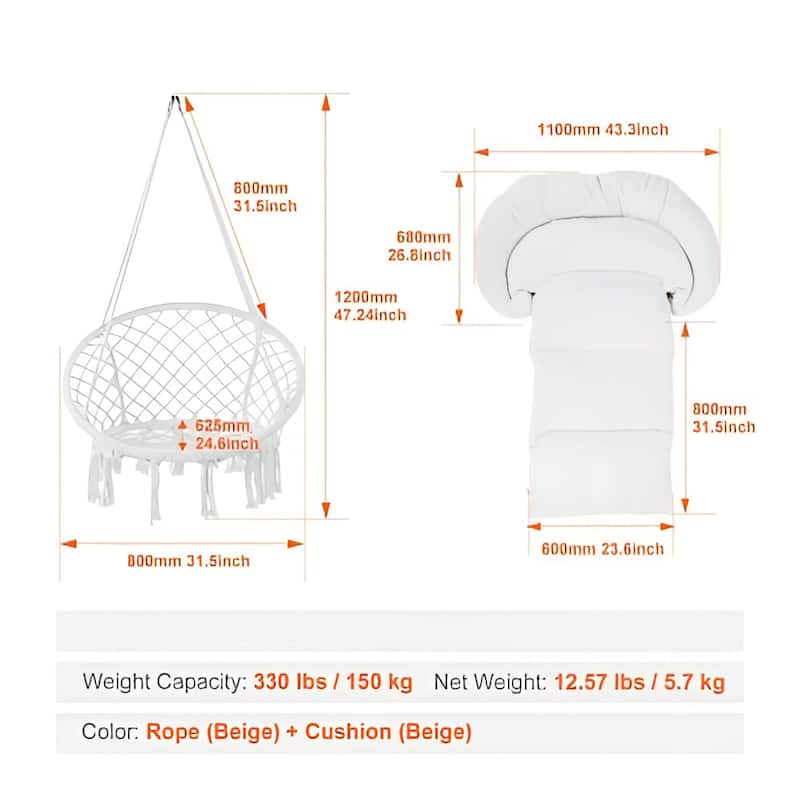 Hanging Hammock Chair with Cushion Macrame Swing for Indoor Outdoor Use - 31.5 x 24.6 x 31.5 Inch