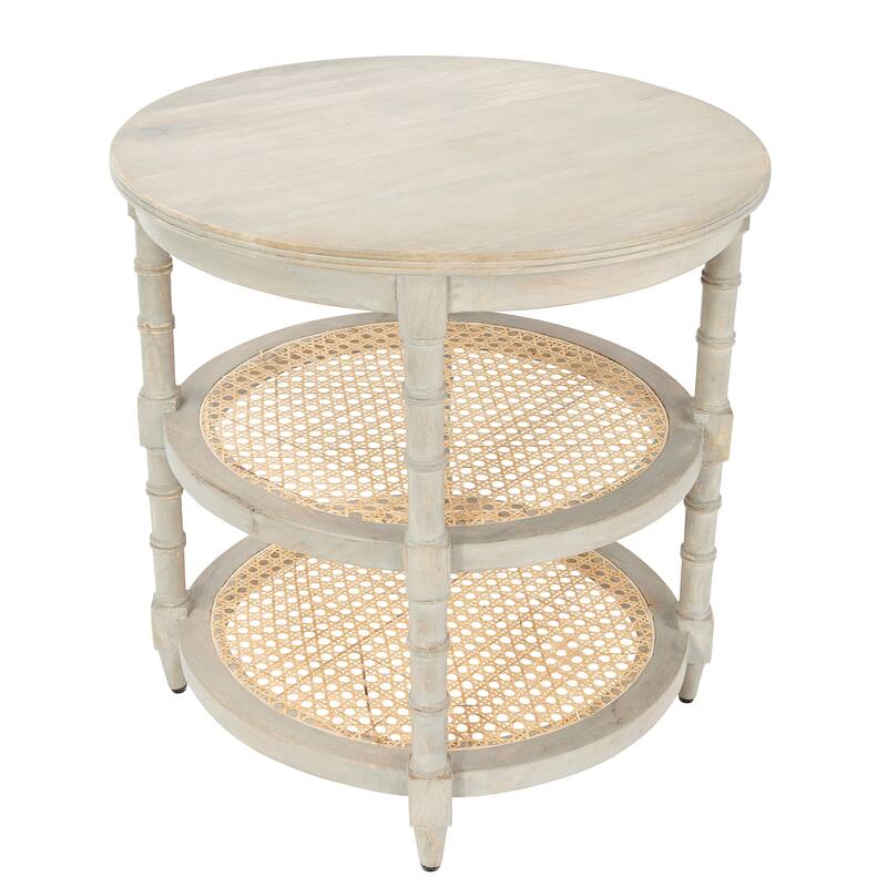 Round Mango Wood Table with 2 Cane Shelves