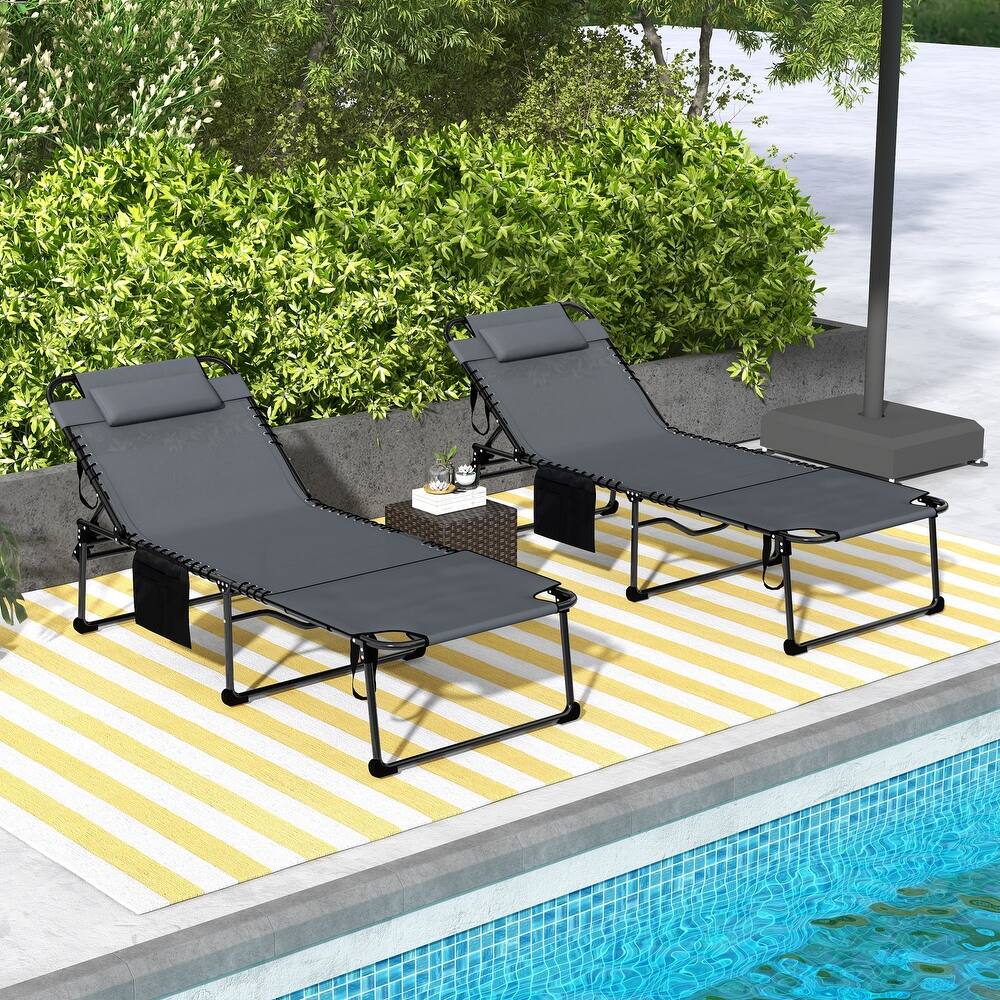 Outsunny 2 Piece Folding Chaise Lounge with 5-level Reclining Back, Outdoor Tanning Chair with Reading Face Hole