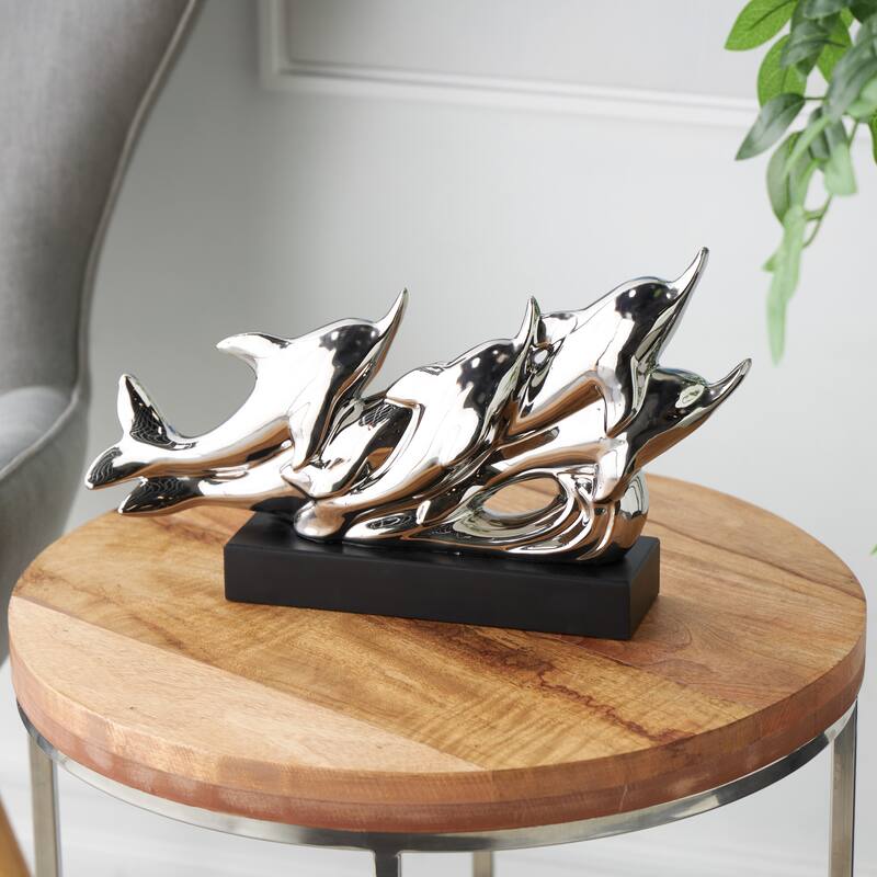 Silver Ceramic Animal Sculpture with Black Block Base