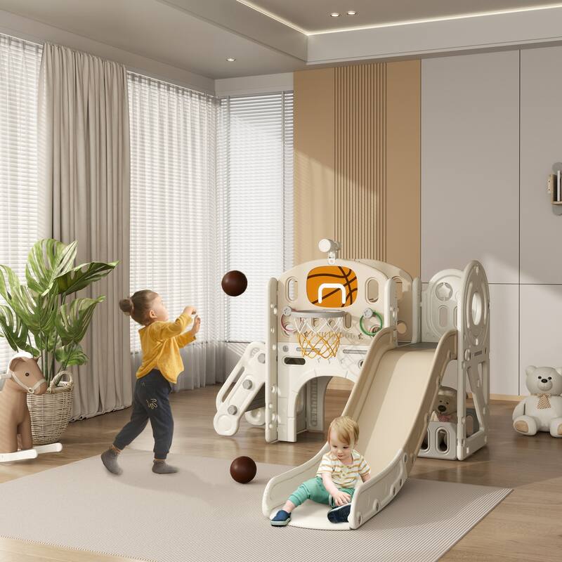 7 in 1 Toddler Slide Playset Ages 1-6 with Ring Toss Hoop Telescope Indoor Climber Storage Tunnel Cream White