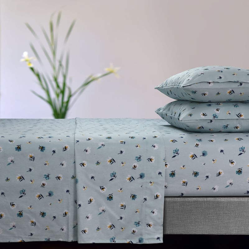 Soft 170-GSM Cotton Flannel Printed Extra Deep Pocket Sheet Set - King - Floryn Soft Blue