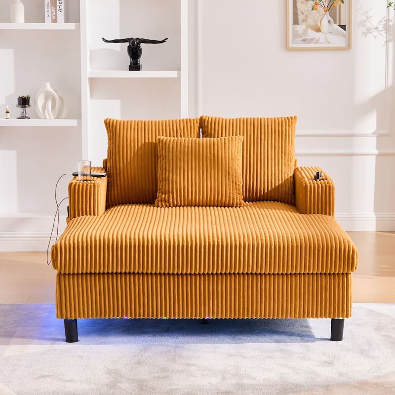 Modern Corduroy Oversized Recliner Sofa with Deep Seat, 3 Pillows, USB Charging, RGB LED Light Strip, Cup Holder, Side Pocket
