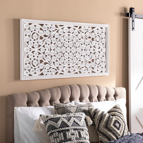 Allen White Washed Hand Carved 48x28-inch Wall Panel with Mirror Inlay. Opens flyout.