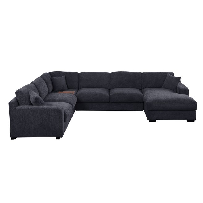 Celine 128"W Chenille Fabric Corner Sectional Sofa with Right-Facing Chaise, Cupholders, and Charging Ports