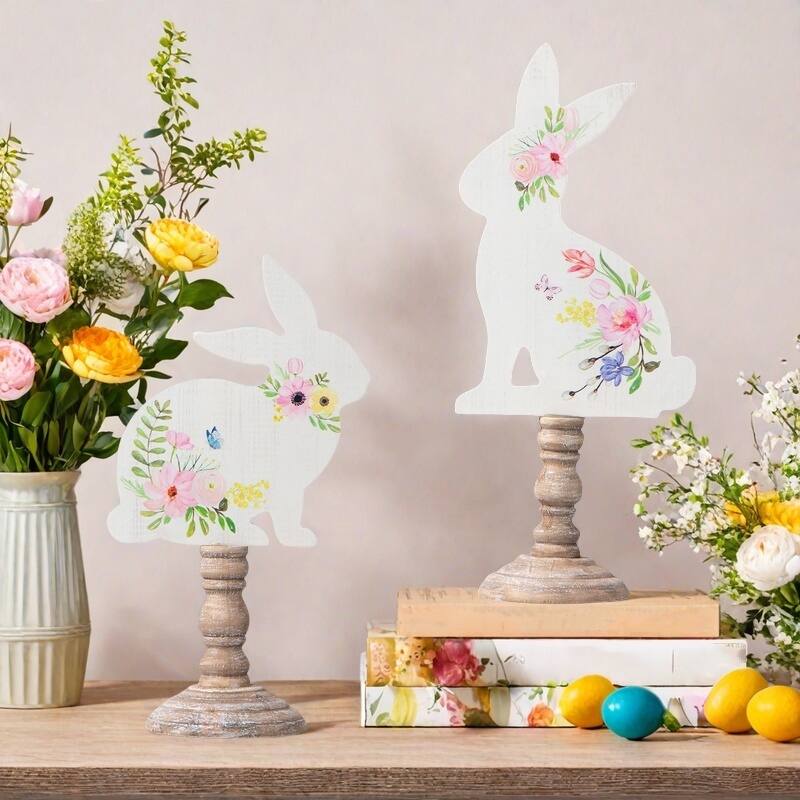 Glitzhome Set of 2 Easter Wooden Bunny Table Decor Spring Gift