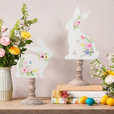 Glitzhome Set of 2 Easter Wooden Bunny Table Decor Spring Gift