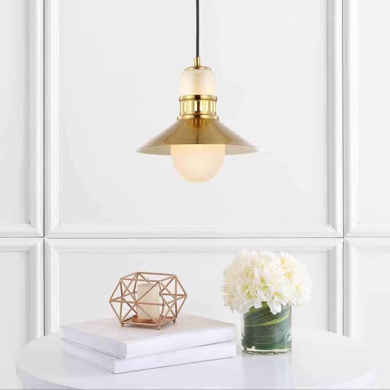 Eugenio 9.75" Adjustable Iron/Glass Retro Hurricane LED Pendant, Brass Gold by JONATHAN Y