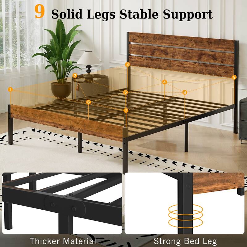 VECELO Industrial Wood Bed Frame with Headboard Twin Size Beds/Full Size Beds/Queen Size Beds