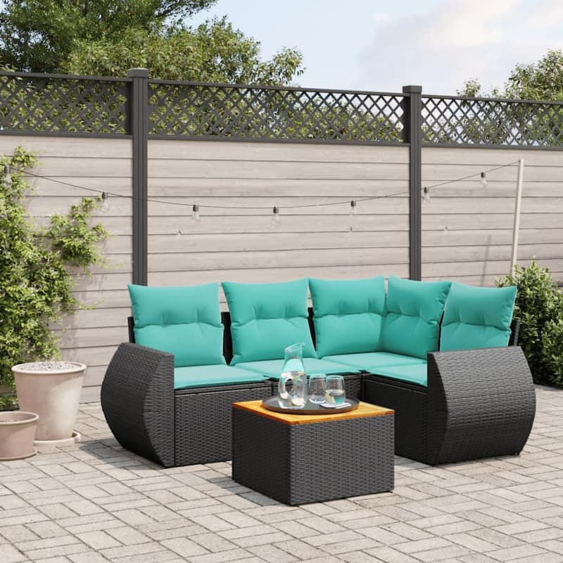 vidaXL 5 Piece Patio Sofa Set with Cushions Black Poly Rattan - 24.4" x 24.4" x 27.2"