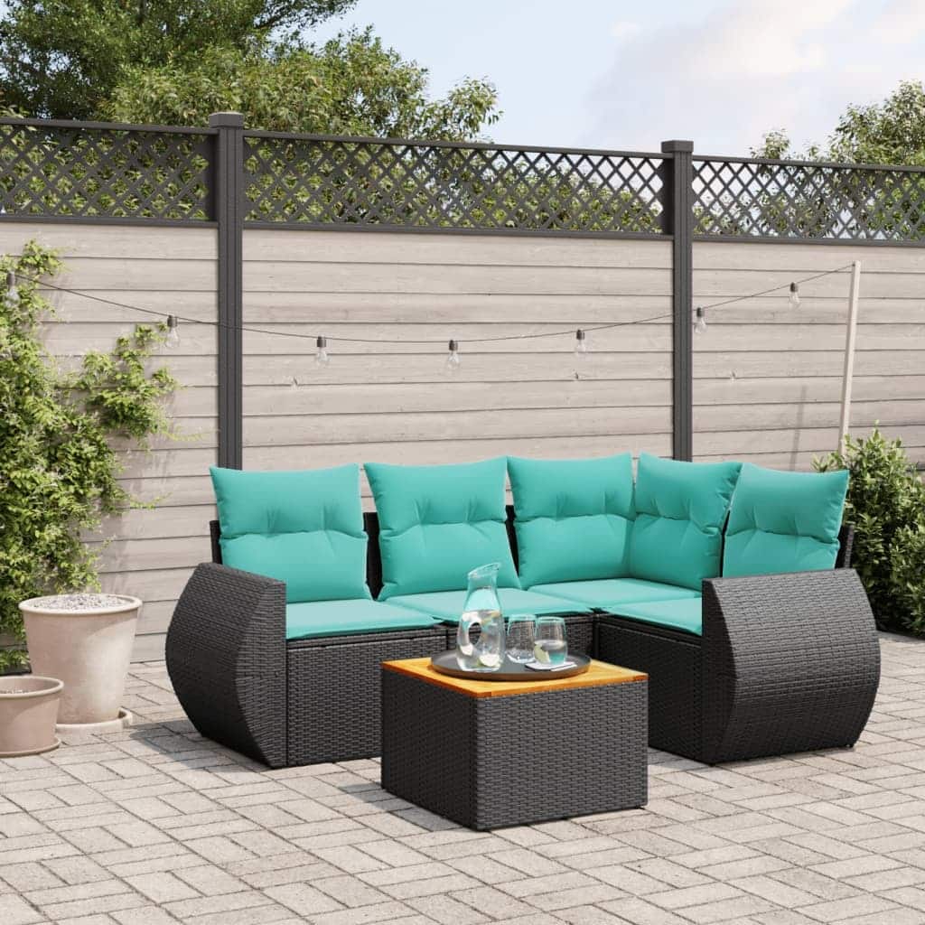 vidaXL 5 Piece Patio Sofa Set with Cushions Black Poly Rattan - 24.4" x 24.4" x 27.2"