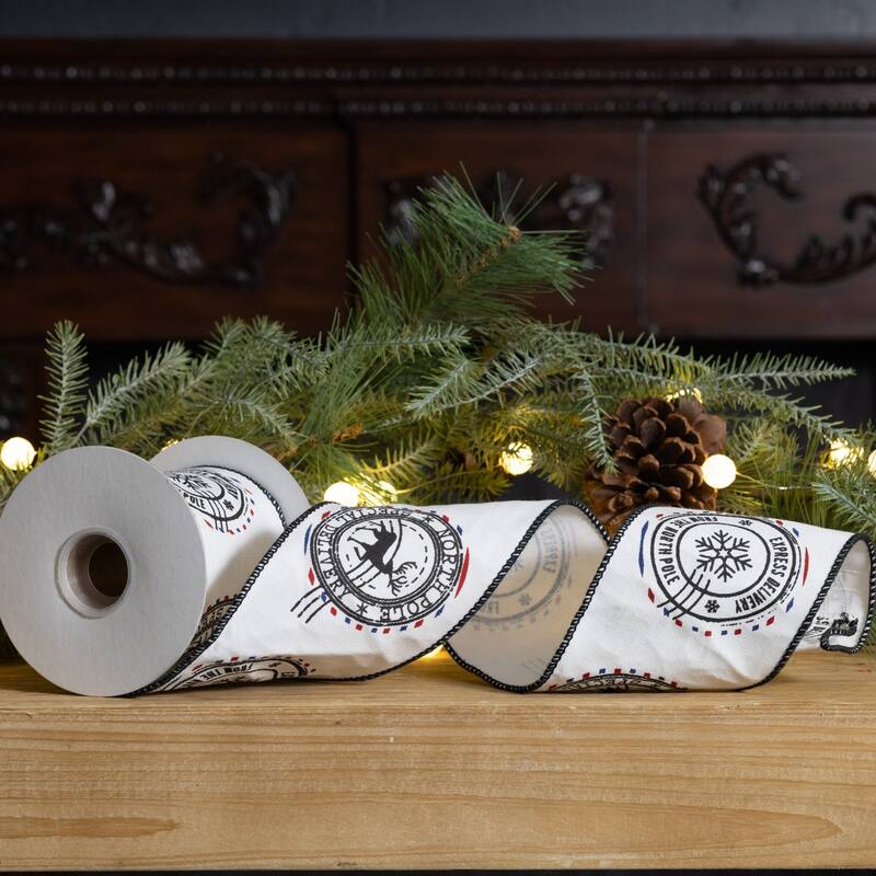 Christmas Postal Wired Craft Ribbon - 4" x 5 Yards - White and Black