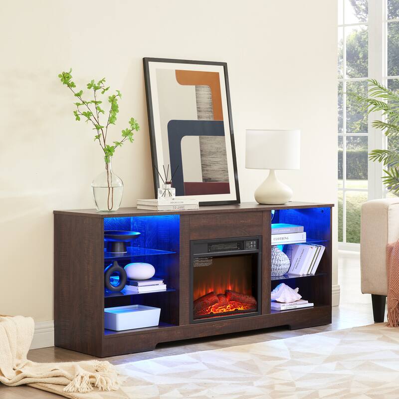 GDFStudio Alveron Wood TV Stand with 3D Electric Fireplace and LED Lights - Espresso