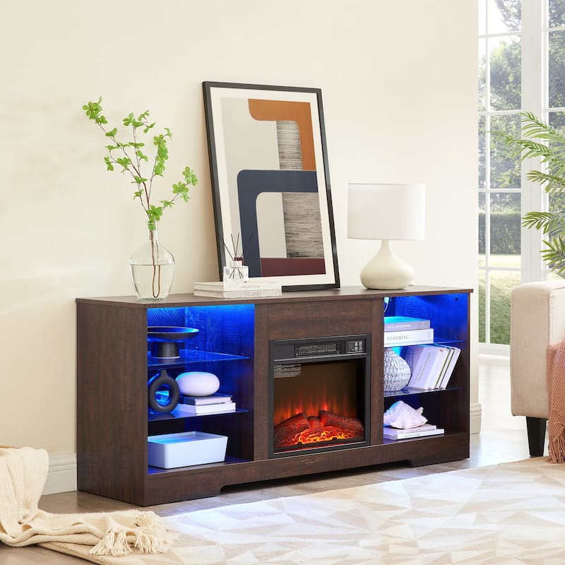 TV Stand Electric Fireplace TV Stand with Glass Shelves