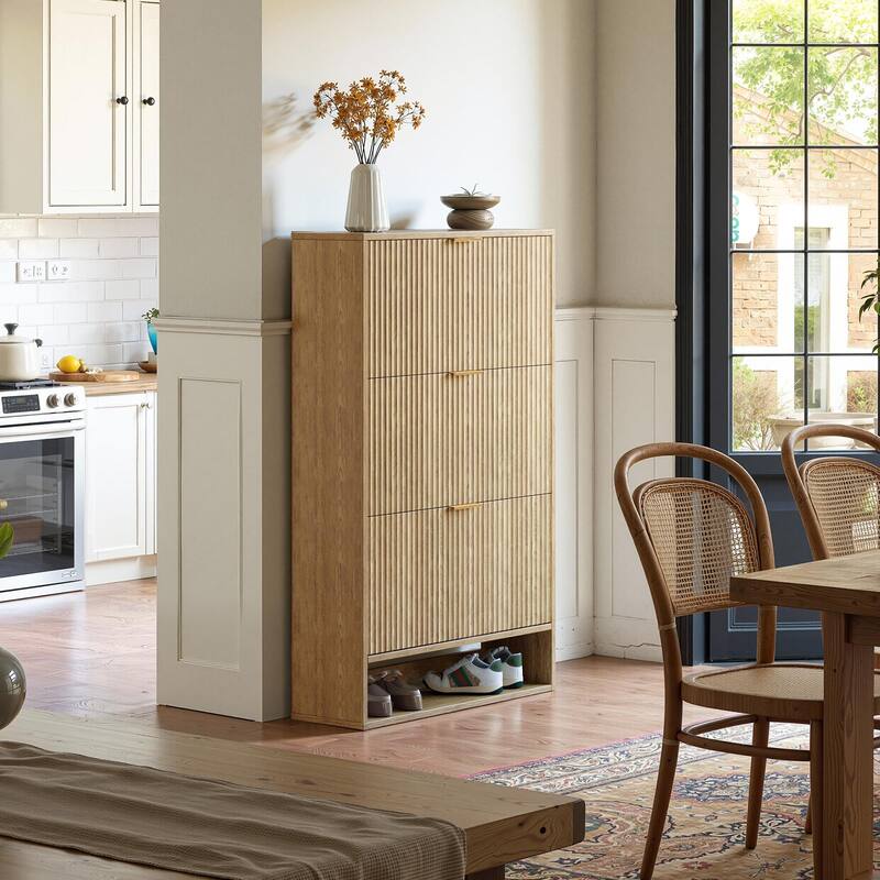 31.5''W Shoe Storage Cabinet for Entryway with 3 Flip Drawers, Fluted Slim Shoe Cabinet for Foyer, Hallway
