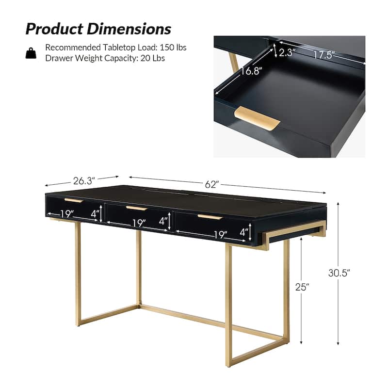 Patricia Modern 3 Drawer Desk with USB Ports and Outlet by HULALA HOME