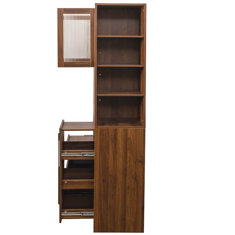 70.87" Tall Kitchen Pantry Cabinet with Pull-Out Shelves, 2 Drawers, Glass Door & Microwave Stand, Freestanding Food Hutch