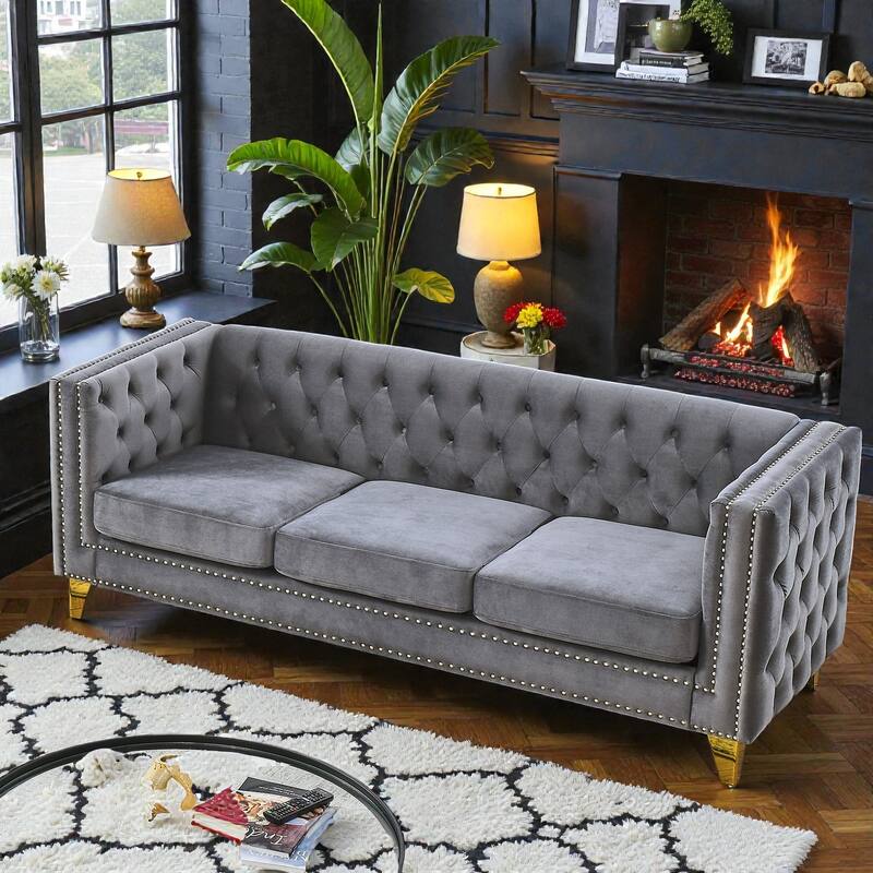Modern Velvet Chesterfield Sofa for Living Room, Button-Tufted 3-Seater Couch with Square Arms and Metal Legs