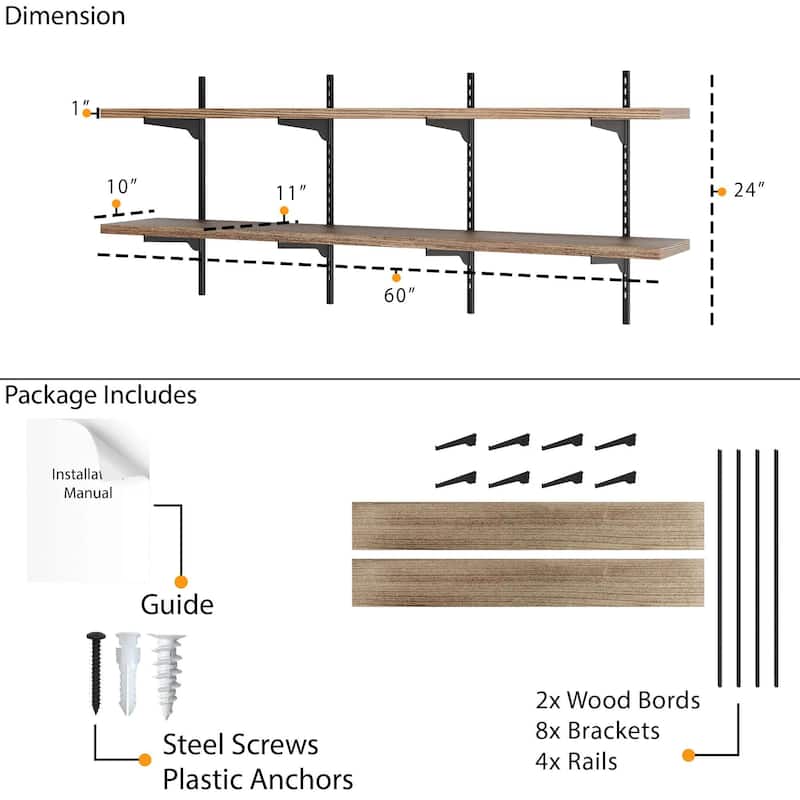 Wallniture Turin 60" Wall Mounted Shelves with Adjustable Brackets, 1" Thick Floating Shelves for Home Office Decor, 2,3,4 Tier