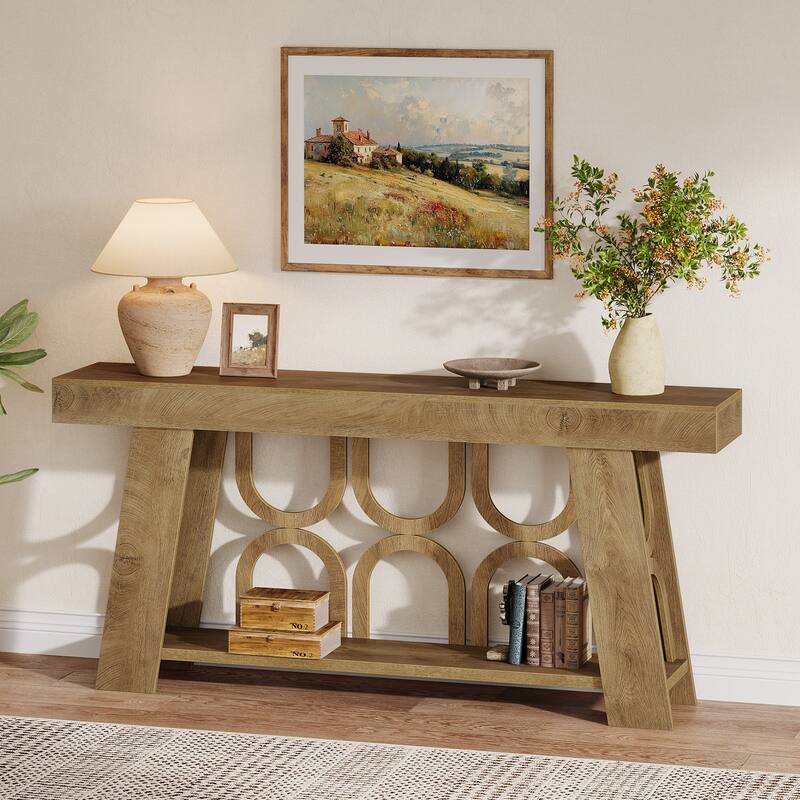 63" Console Table with Arched Legs, 2-Tier Farmhouse Entryway Table