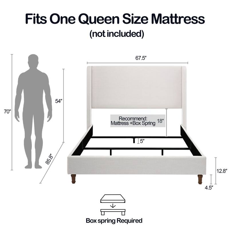 Queen Size Upholstered Wingback Bed with 54" Headboard, Textured Ivory Canvas, Elegant Design