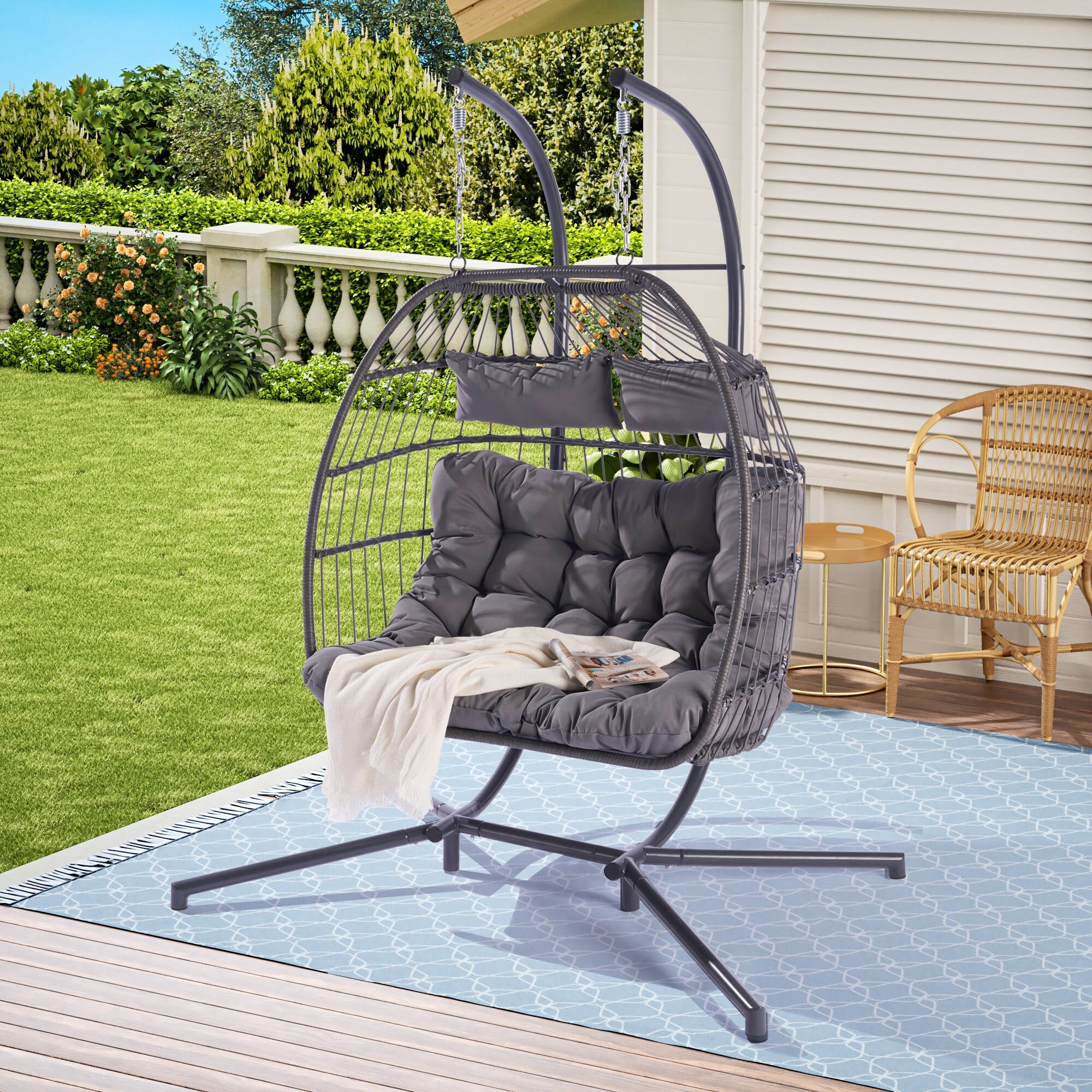 2 Person Hanging Chair Outdoor Patio Wicker Egg Chair Floor Lounge Swings Chair Sectional Chair with Water Resistant Cushion Bed Bath Beyond 39888566