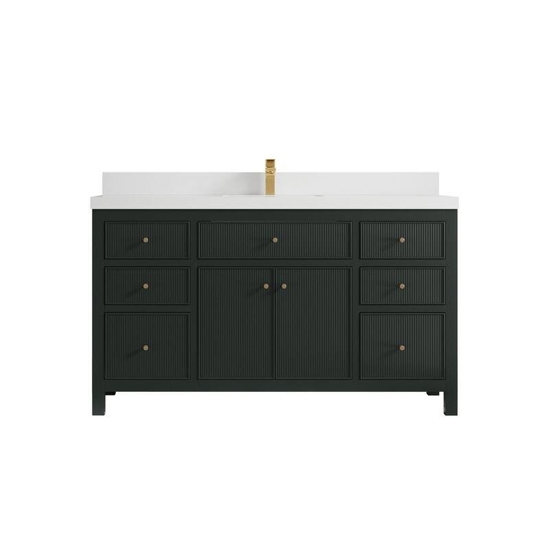 Willow Collections 60 in W x 22 in D Sonoma Free Standing Reeded Single Sink Bathroom Vanity with Countertop - 2" White Quartz - Dark Forest Green