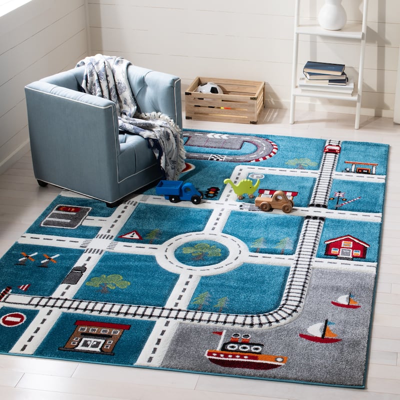 SAFAVIEH Carousel Kids Koika Neighborhood Road Rug - Turquoise/Ivory - 5'3" Square - Square