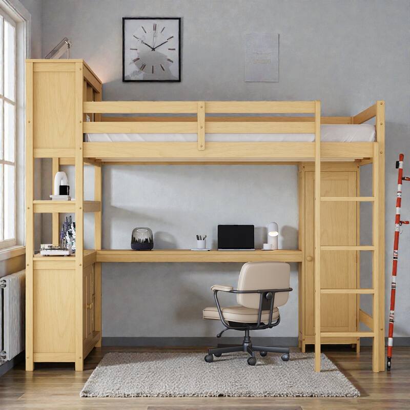 Queen Wood Loft Bed with Wardrobe, Desk & Bookshelf, Space-Saving Loft Bed with Storage Cabinet and Ladder for Kids & Teens