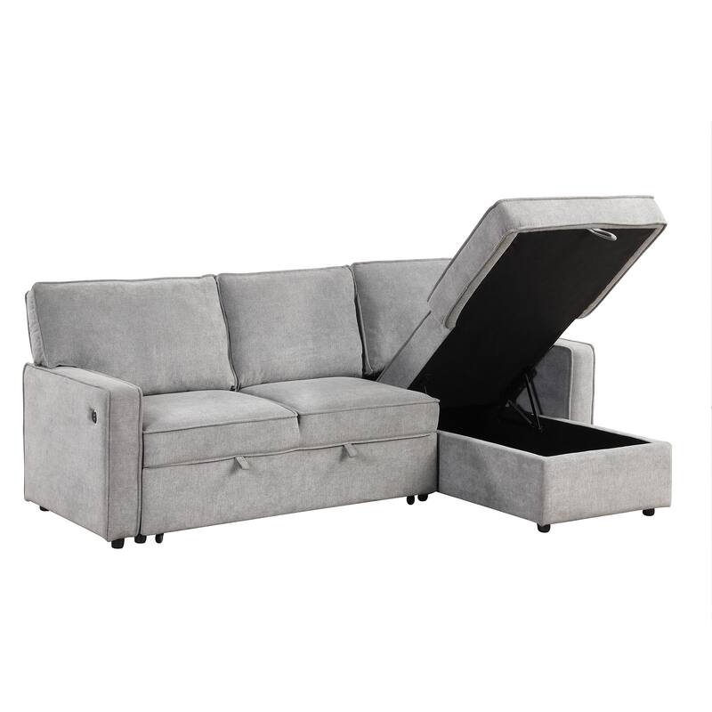 L-Shaped Convertible Sleeper Sectional Sofa with Pull Out Bed and Storage Chaise, Modular Couch Bed with Cup Holder, USB Ports
