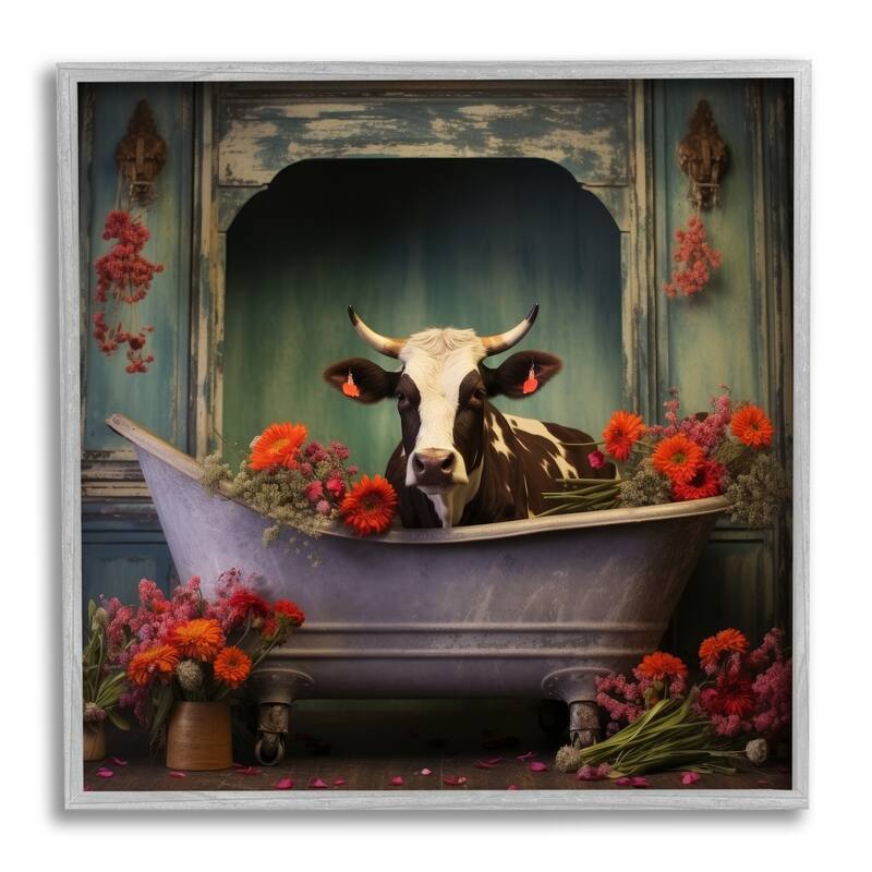 Stupell Cow in Vintage Floral Tub Framed Giclee Art Design by Lazar Studio - 17 x 17 - Grey