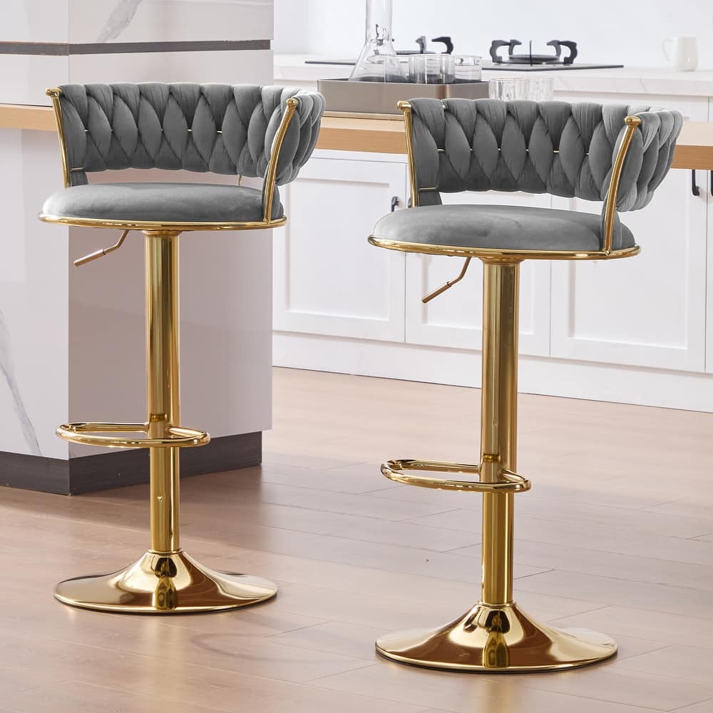 HOMEFUN Velvet Adjustable Height Swivel Armless Bar Stools With Golden Footrest(set of 2)