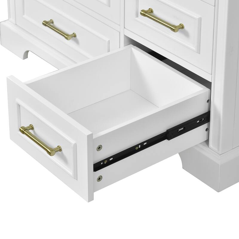 Traditional Bathroom Vanity with Ceramics Sink, Freestanding Cabinet with 3 Side Drawers, Bottom Drawer and 2 Soft Close Doors