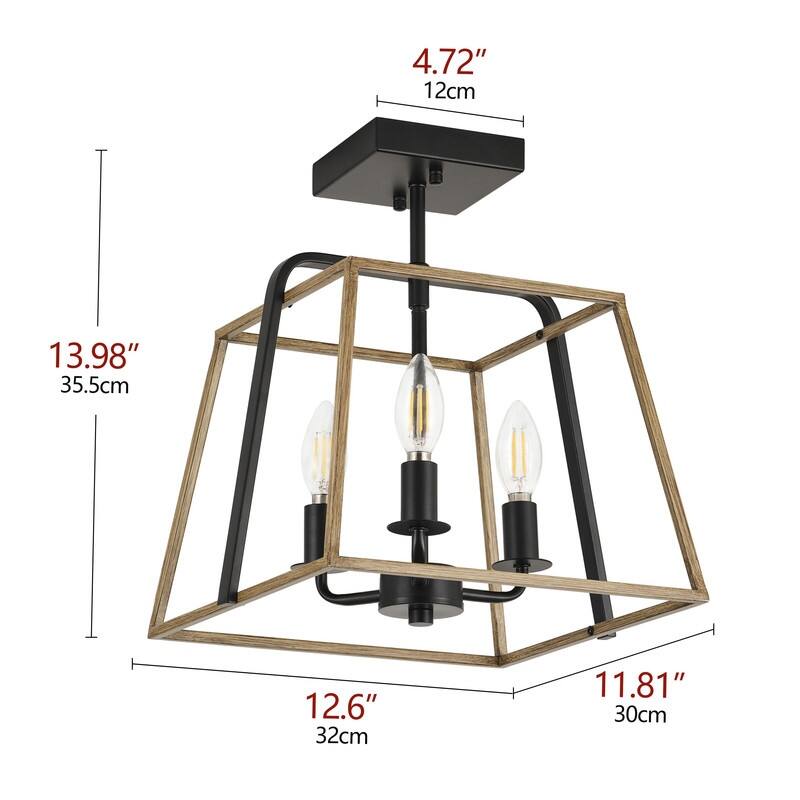 Farmhouse Semi Flush Mount Ceiling Light Rustic Black and Grey Wood 3 Light Iron Fixture