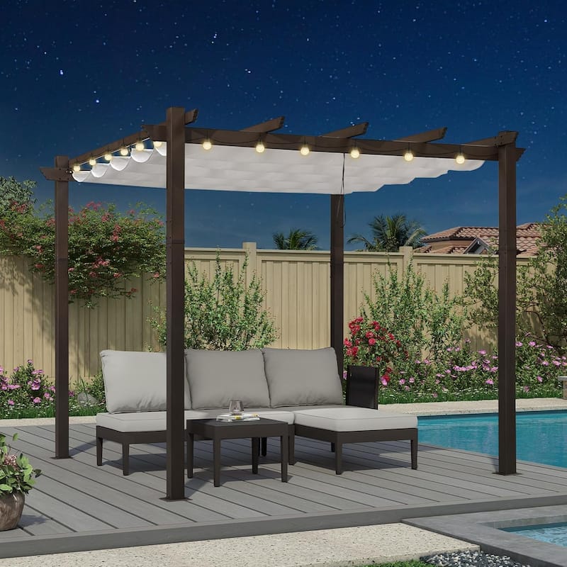 PURPLE LEAF Outdoor Retractable Bronze Metal Pergola w Canopy for Beach Deck Gazebo - 10ft x 10ft(String Light ) - White Canopy
