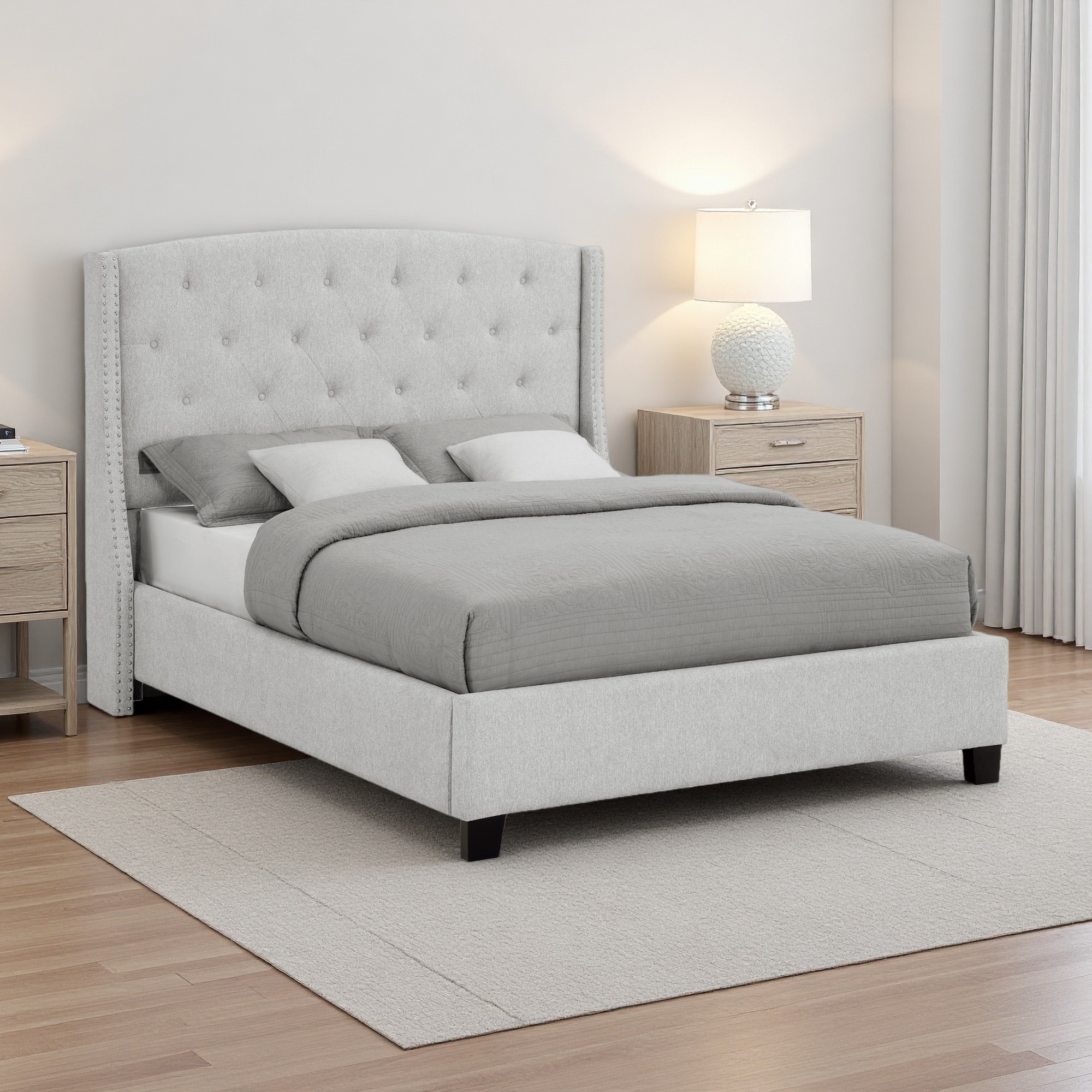 Queen Size Fabric Upholstered Panel Bed with Wingback Headboard, Button Tufting & Nailhead Trim, Wooden Frame Bedroom Furniture
