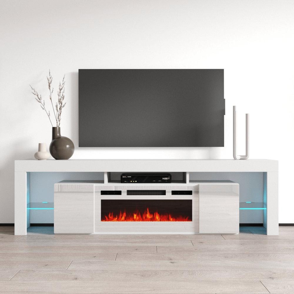 Meble Furniture Soleo WH-EF 79" E-Fireplace TV Stand - Hi-Gloss Entertainment Console with Adjustable