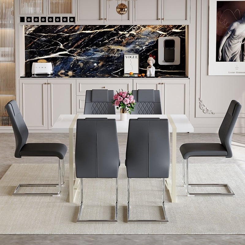 7-Piece Modern Dining Table Set with 6 Upholstered Chairs, Silver Metal Legs