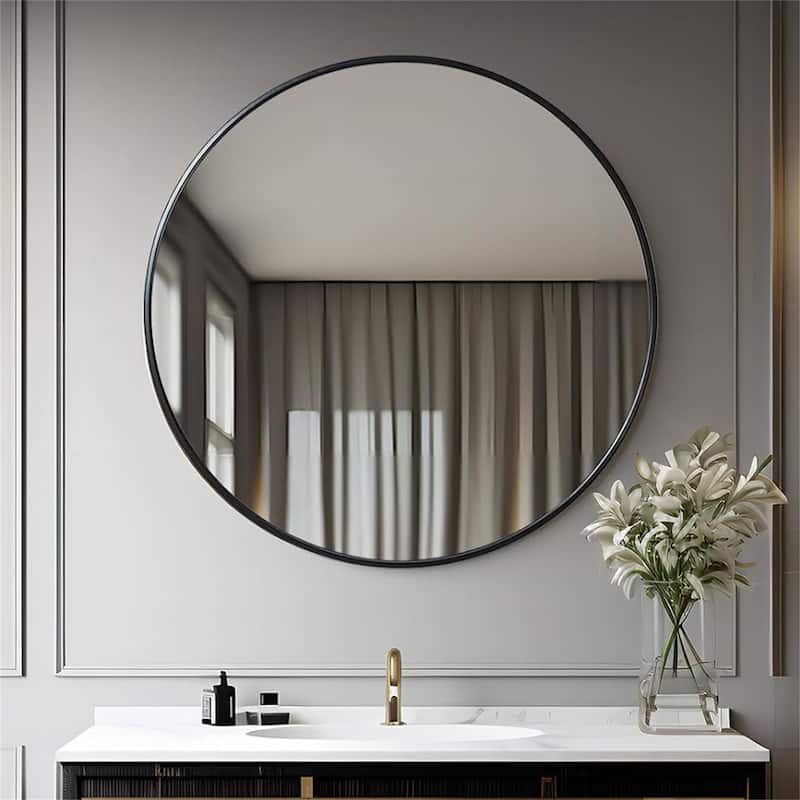 42" Metal Framed Round Mirror with Shatterproof Film and Hooks - Black