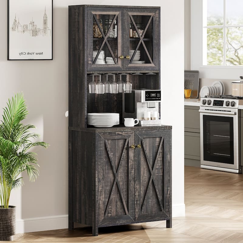 Farmhouse Bar Cabinet for Liquor and Glasses for Dining Room Kitchen Cabinet with Wine Rack - Oak
