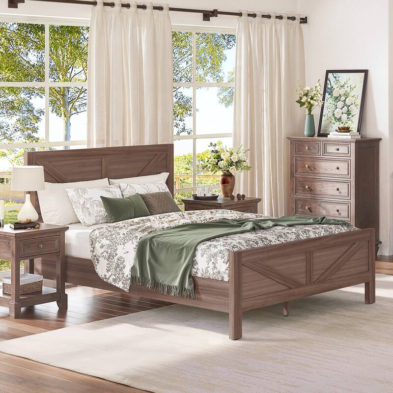 King/Queen Size Wood Platform Bed Frame With Headboard, Solid Wood Platform Bed, No Box Spring Needed, Easy Assembly - Queen - Brown/Queen