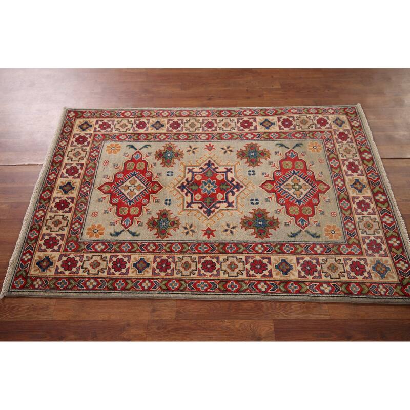 Geometric Kazak Accent Rug Hand-Knotted Foyer Wool Carpet - 3'3" x 5'2"