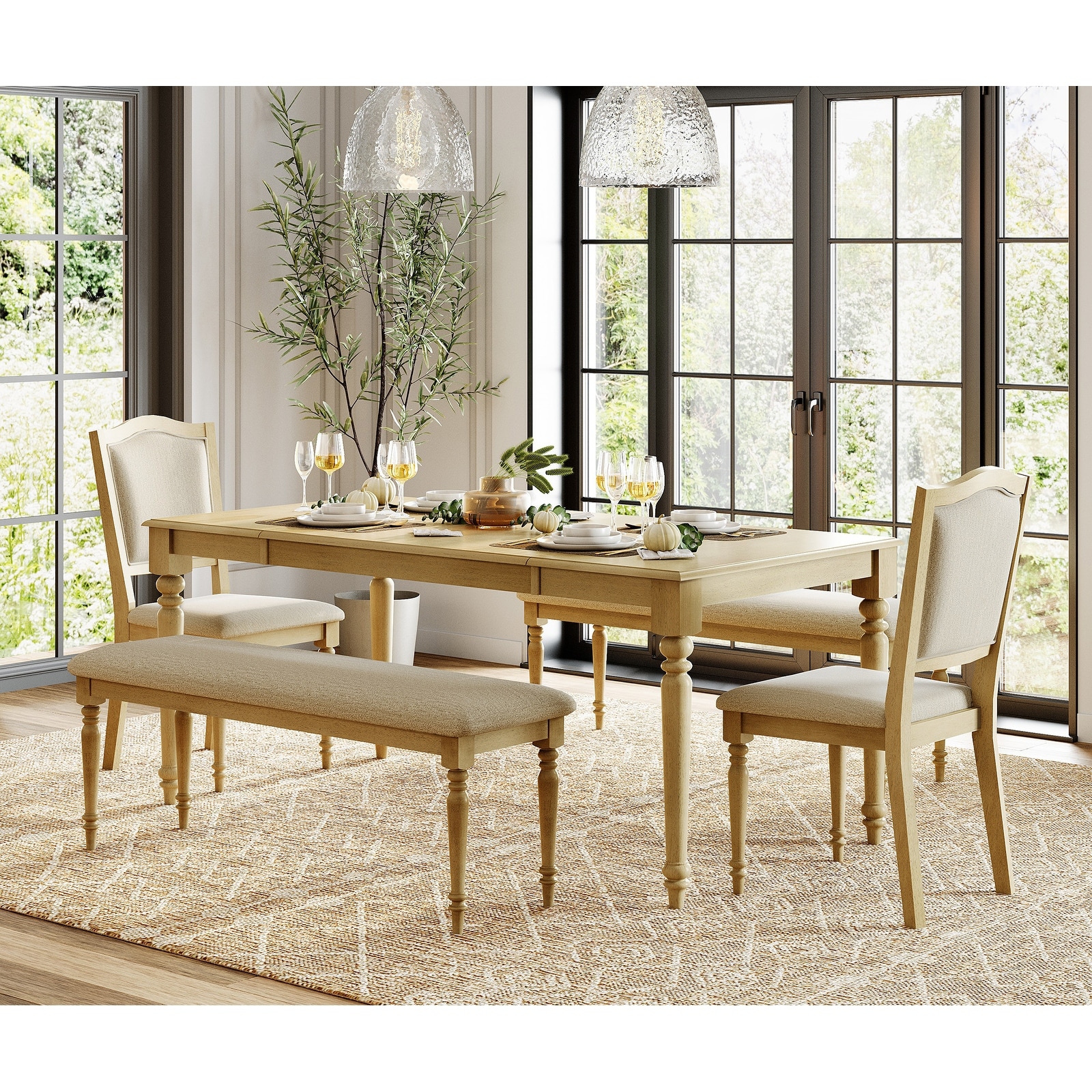 5 Piece Dining Table Set, Farmhouse Wooden Dining Room Set for 6, Oak