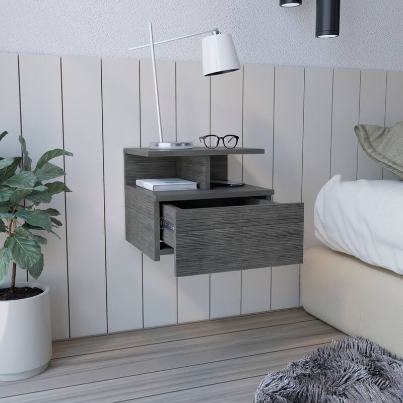 Floating Nightstand with Drawer and Open Storage Shelves