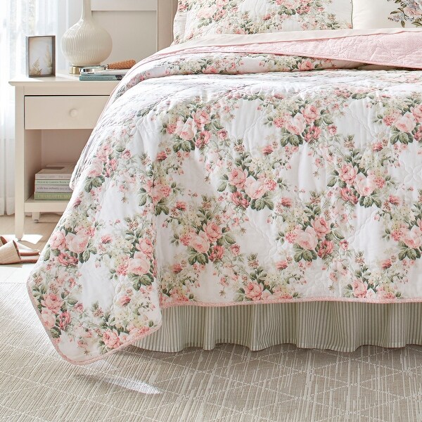 Laura Ashley Joyce Cotton Reversible Pink Quilt Set - On
