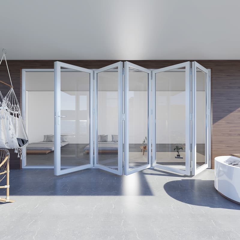 KaMic 168"×80" 5 Panels Aluminum Folding Door In White,Folded Out From Left To Right Model #:FD5PWH16880-LR