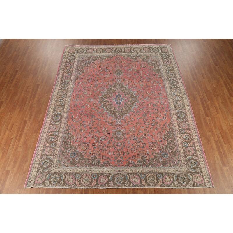 Traditional Pink Mashad Persian Vintage Rug Handmade Wool Carpet - 9'8"x 12'3"