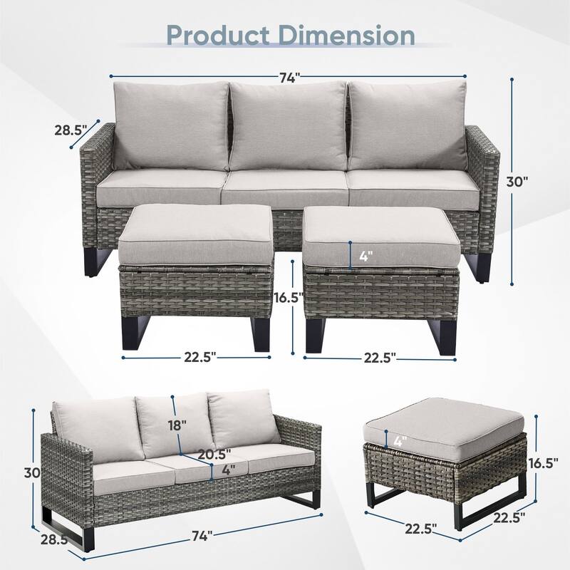3 Pieces Outdoor Wicker Sofa with Ottomans Grey - Beige